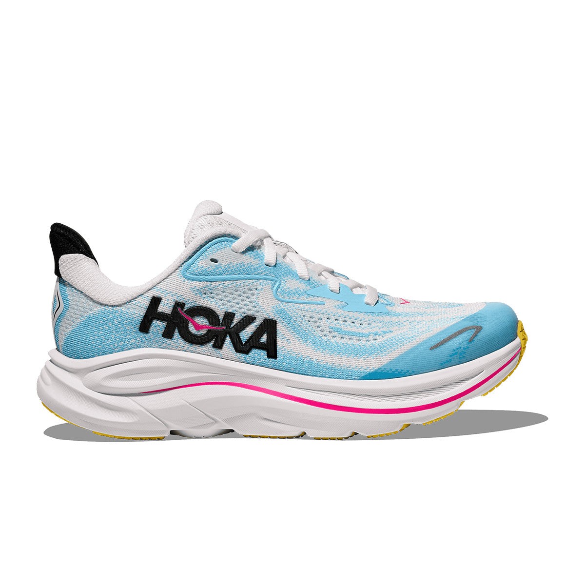 Kids' HOKA Clifton 10 running shoes in Frost Blue, featuring a lightweight mesh upper, cushioned midsole, and bold black logo, designed for comfort and performance.