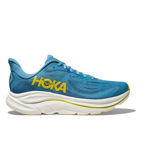 Men's HOKA Clifton 10 running shoes in blue with yellow branding, featuring a breathable mesh upper, cushioned sole, and a sleek, modern design.