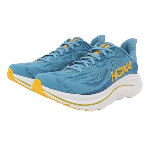 Men's HOKA Clifton 10 running shoes in blue with yellow accents, featuring a breathable mesh upper, cushioned sole, and lightweight design, size 9.5 M.