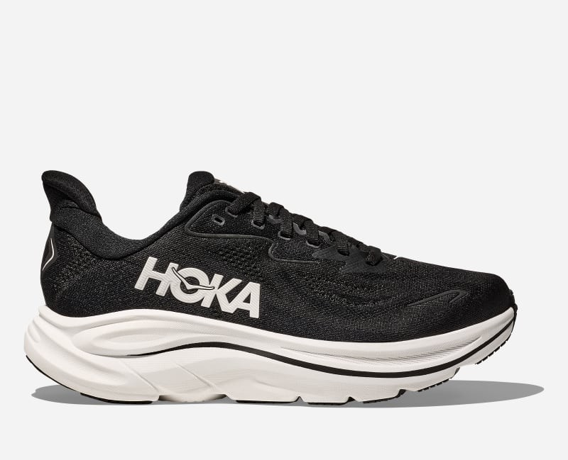 HOKA Men's Clifton 10 Road Running Shoes in black mesh with a white logo, featuring a cushioned sole and sleek design, size 7 W.