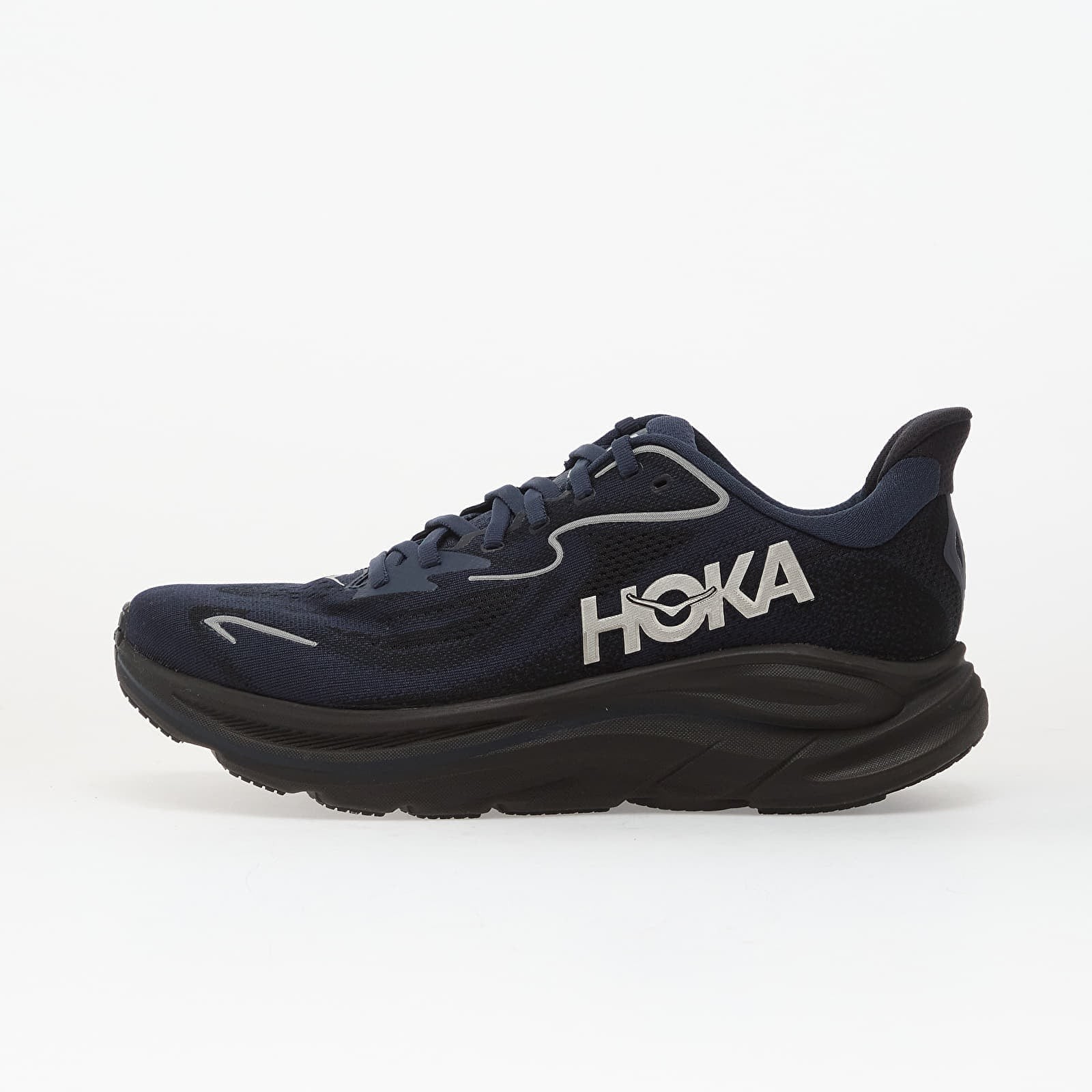 Men's HOKA Clifton 10 running shoes in varsity navy and black, featuring a breathable upper, cushioned sole, and HOKA branding on the side, size 10.5.