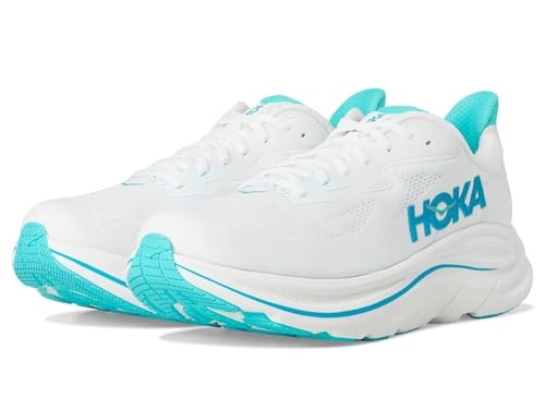 Men's HOKA Clifton 10 running shoes in white with skyward blue accents, featuring a lightweight mesh upper, cushioned sole, and a distinctive HOKA logo on the side.