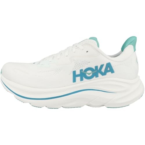 HOKA Men's Clifton 10 shoes in white with skyward blue accents, featuring a breathable mesh upper, cushioned sole, and size 13.