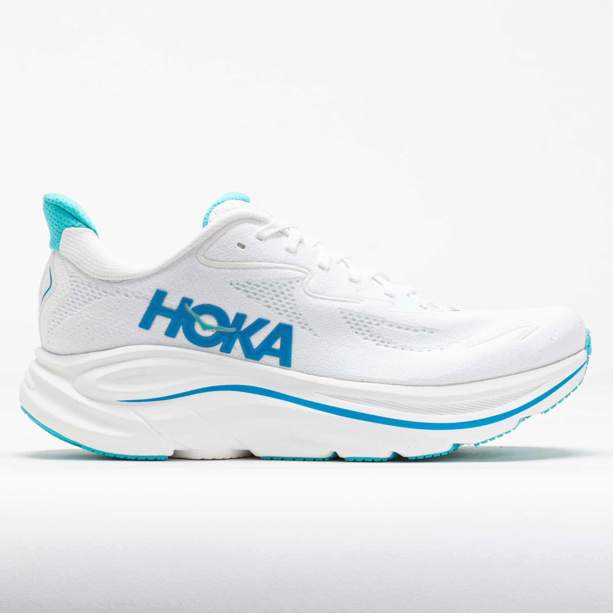 Men's HOKA Clifton 10 running shoes in white and skyward blue, featuring a breathable mesh upper, cushioned sole, and prominent HOKA logo on the side.