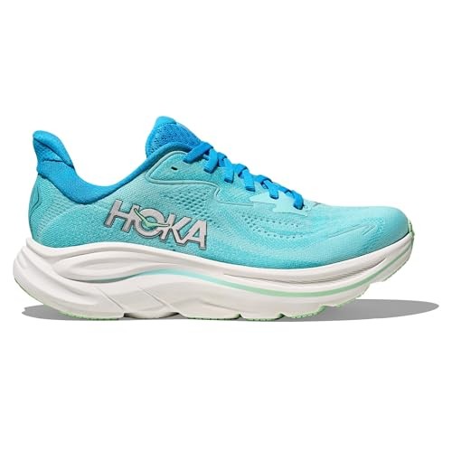Light blue HOKA Women's Clifton 10 Wide Shoe featuring a breathable mesh upper, cushioned sole, and contrasting blue accents on the laces and collar.