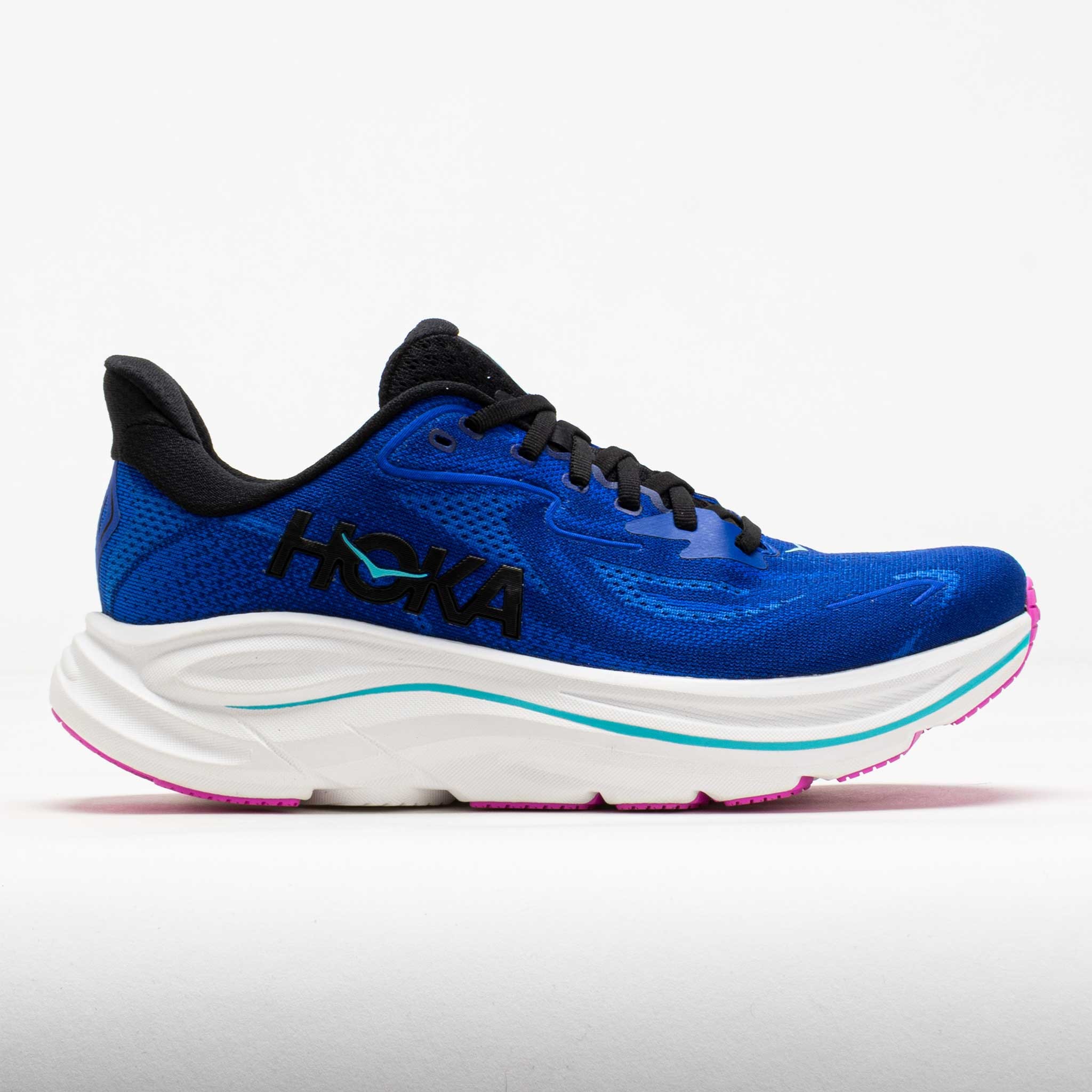 Blue mesh upper running shoe with black accents, featuring a cushioned white midsole, pink outsole, and bold "HOKA" branding on the side.