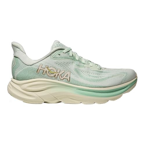 HOKA Women's Clifton 10 Road Running Shoes in Sea Glass and Jadeite, featuring a lightweight mesh upper, cushioned sole, and prominent HOKA logo on the side, size 4.