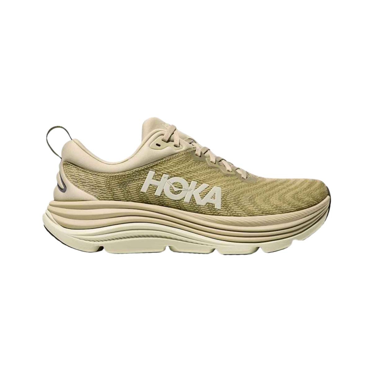 Men's Hoka Gaviota 5 shoes in Oyster Mushroom and Truffle Salt, featuring a textured upper, cushioned sole, and prominent HOKA branding on the side, size 12.