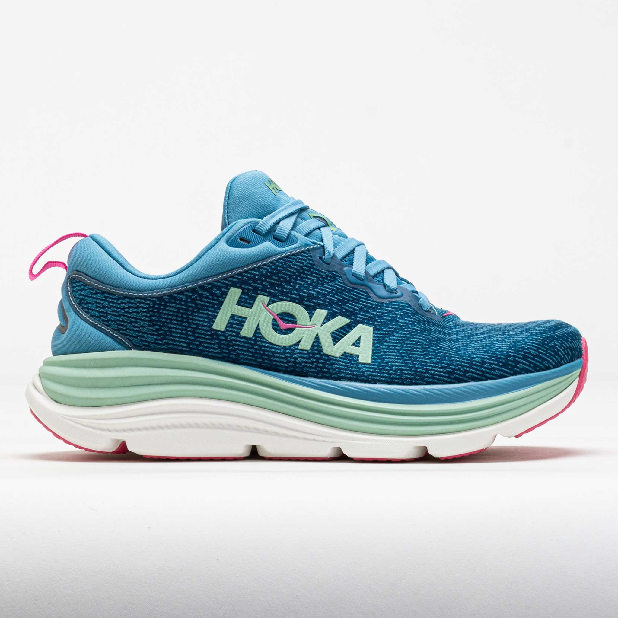 Alpine blue and jadeite women's Hoka Gaviota 5 shoes in size 8.5, featuring a textured upper, cushioned sole, and pink accents on the heel and laces.