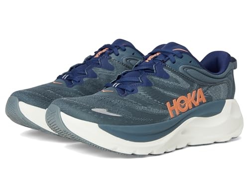 Men's HOKA Gaviota 6 running shoes in midnight navy, featuring a breathable mesh upper, cushioned sole, and prominent orange HOKA logo on the side. Size 8.5 regular.
