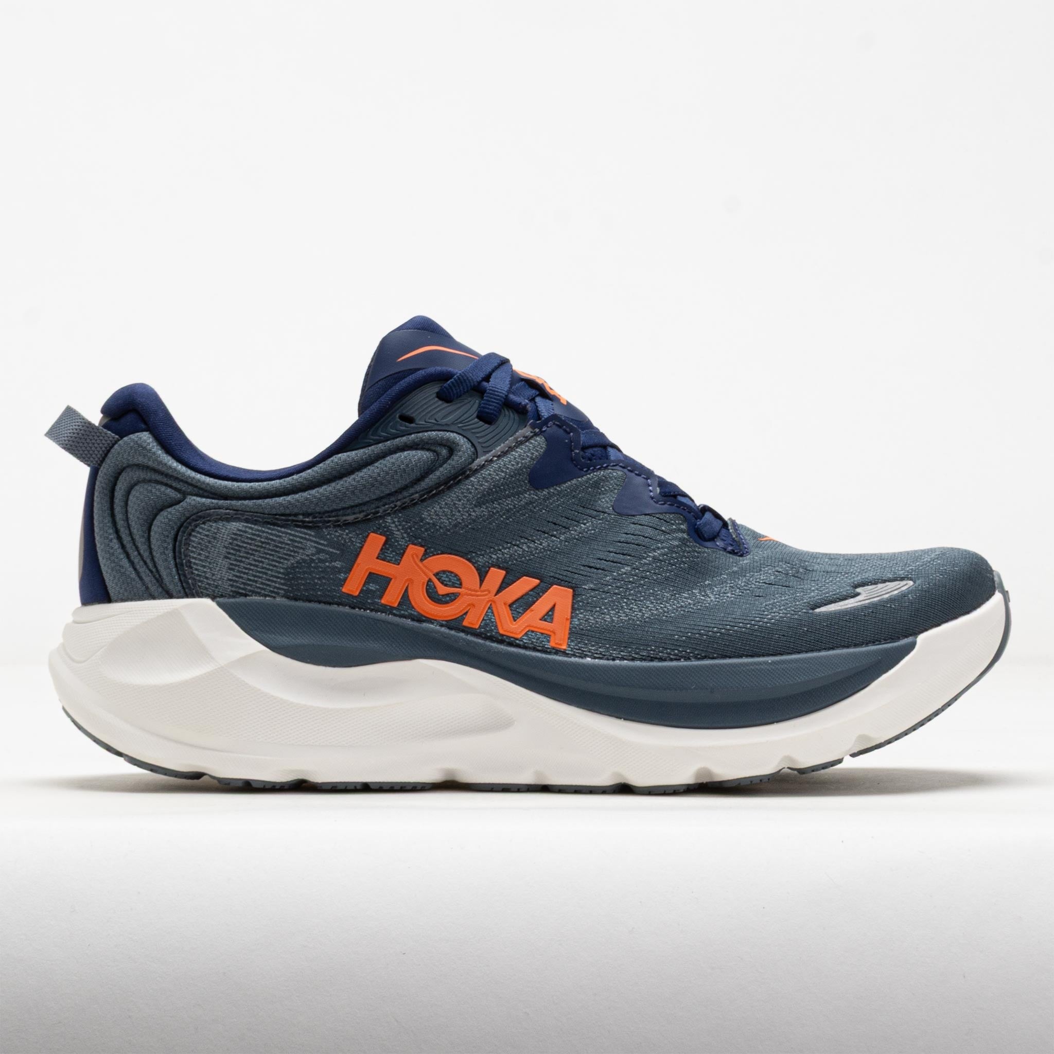 HOKA Men's Gaviota 6 Shoes in midnight blue and faded navy, featuring a breathable mesh upper, cushioned sole, and bright orange branding, size 10.