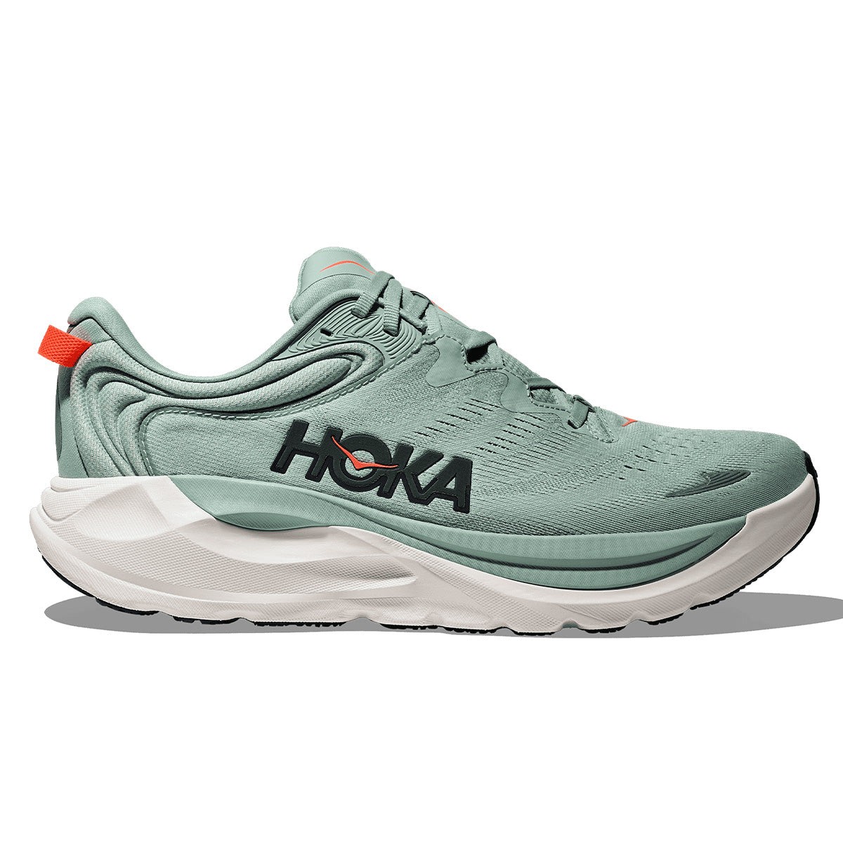 Men's HOKA Gaviota 6 road running shoes in sage green and stardust, featuring a cushioned sole, breathable upper, and bold black logo on the side, size 8.5.