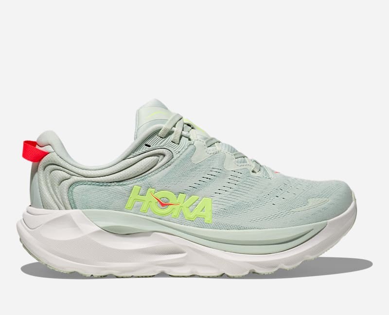 HOKA Women's Gaviota 6 road running shoes in sea glass and sage, featuring a lightweight mesh upper, vibrant neon accents, and a cushioned sole, size 6.5.