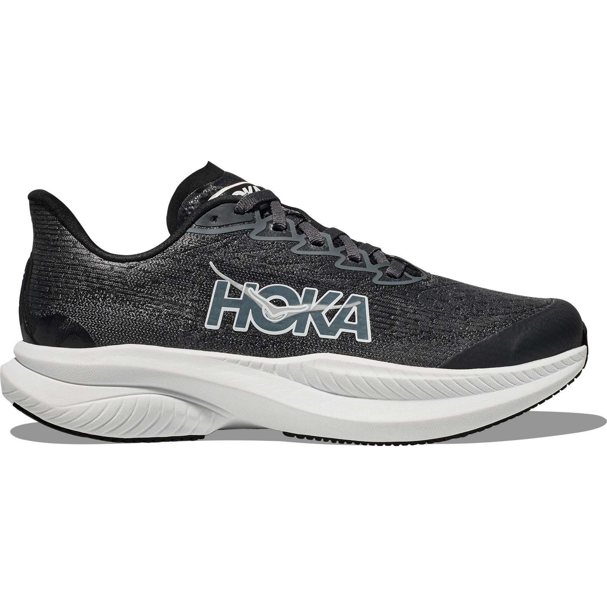 HOKA Kid's Mach 6 Road Running Shoes in black and white, featuring a breathable mesh upper, cushioned sole, and prominent HOKA logo on the side, size 5.5Y.