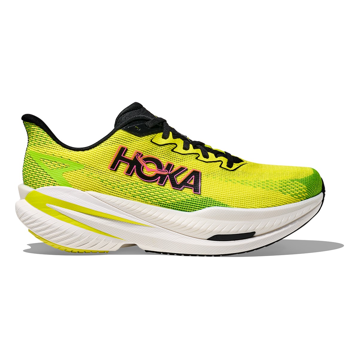 HOKA Men's Mach X 3 Shoes in vibrant neon yellow and lime green with black accents, featuring a breathable mesh upper and cushioned sole, size 10.5.