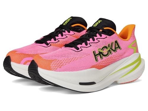 Neon rose and neon tangerine HOKA Mach X 3 women's running shoes in size 9.5, featuring a breathable mesh upper, cushioned sole, and bold logo detailing.