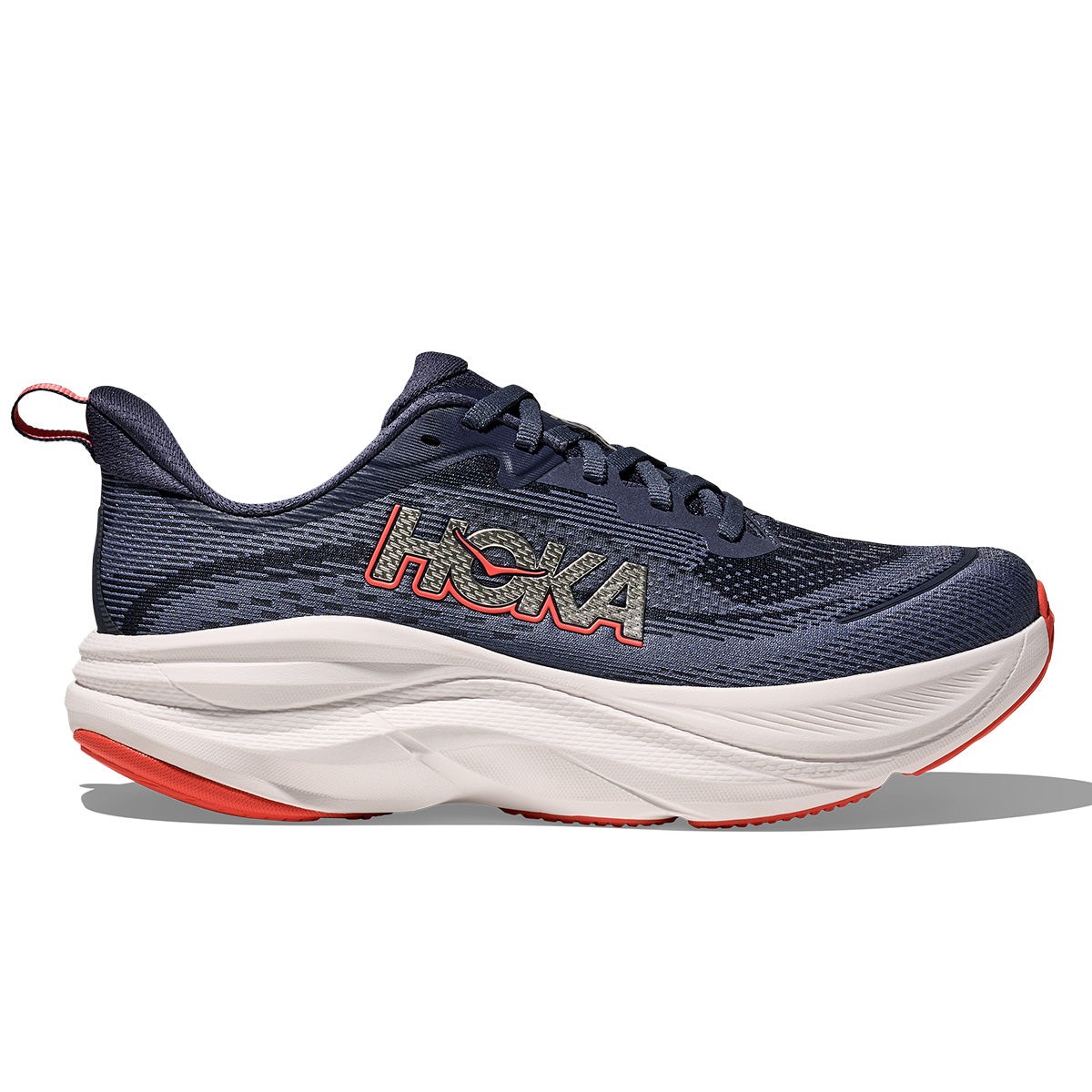 Hoka Skyflow women's running shoes in Nautical Dusk and Anchor blue, featuring a breathable mesh upper, cushioned sole, and red accents, size 10.5.