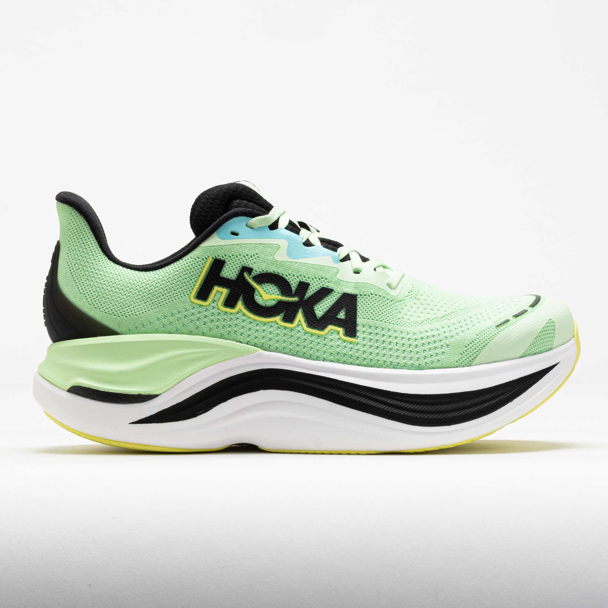 Men's HOKA Skyward X running shoes in Luna Moth green and black, featuring a breathable mesh upper, cushioned sole, and prominent HOKA logo on the side.