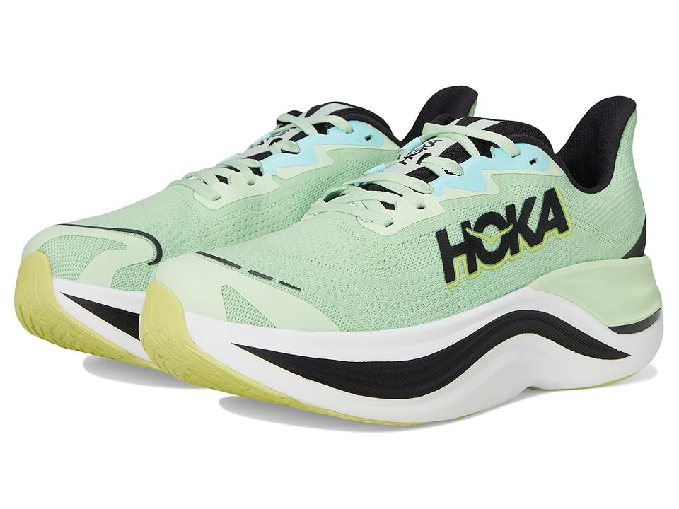 Hoka Skyward X men's shoes in LUNA MOTH and black, featuring a lightweight mesh upper, cushioned sole, and bold logo, with a unique green and black color scheme.