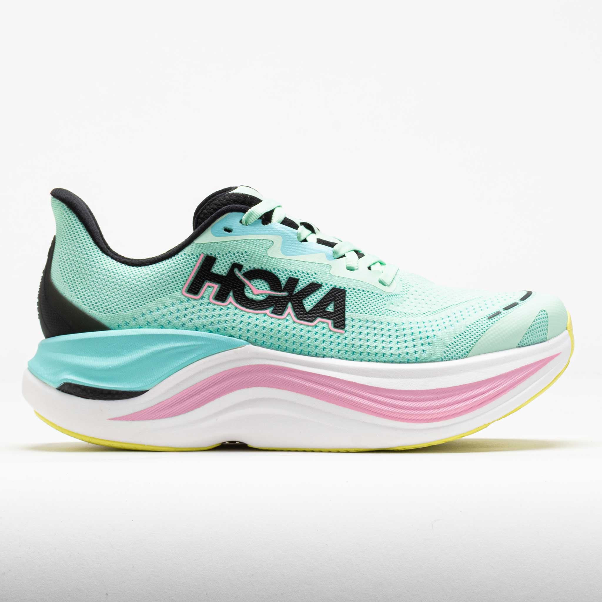 Women's HOKA Skyward X running shoes in mint fluorite and blue spark, featuring a breathable mesh upper, cushioned midsole, and a distinctive pink and yellow outsole design.