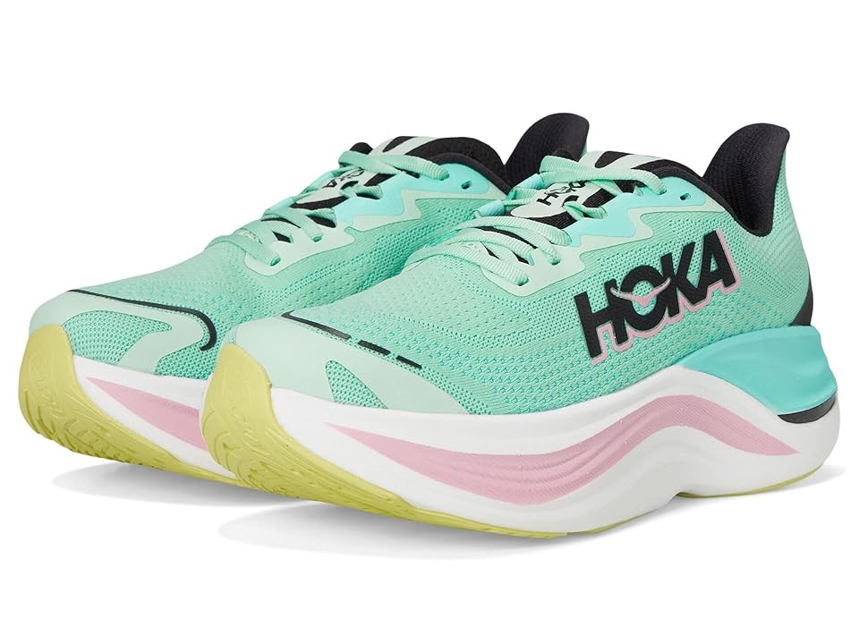 Mint green running shoes with blue and pink accents, featuring a breathable mesh upper, cushioned sole, and bold "HOKA" branding on the side, size 9.