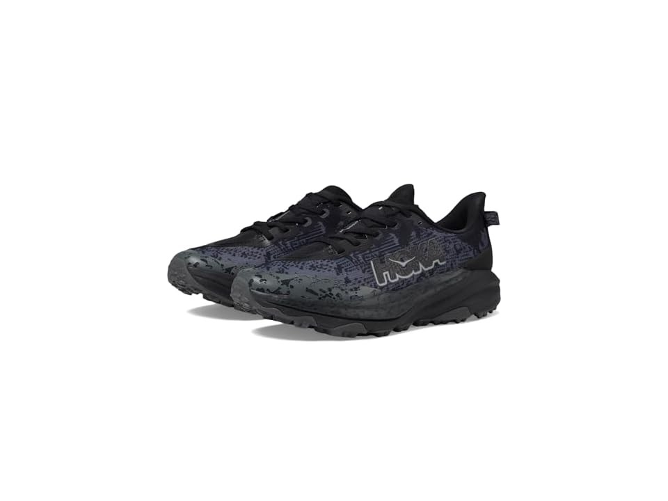 HOKA Kid's Speedgoat 6 Trail Shoes in Obsidian and Outer Orbit, featuring a black and purple upper, rugged outsole, and cushioned midsole, size 5.5Y.