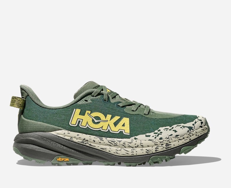 Men's Hoka Speedgoat 6 in fern and asphalt grey features a breathable mesh upper, a cushioned sole with a distinct rockered design, and a Vibram outsole for traction.