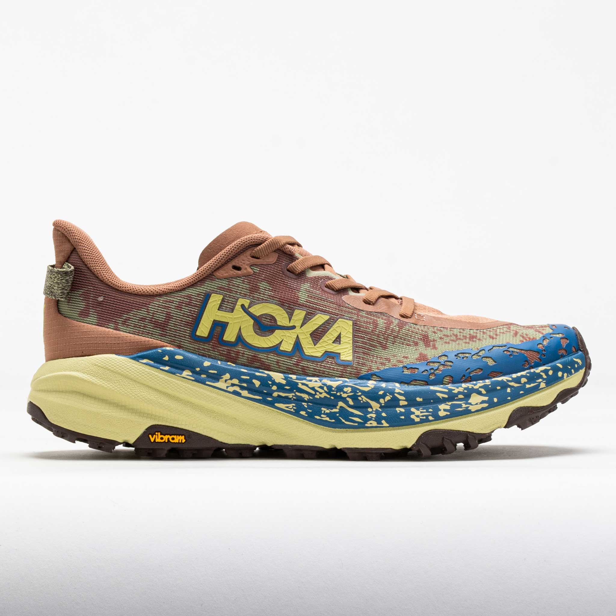 HOKA Men's Speedgoat 6 Trail Shoes in Maple/Cardamom feature a breathable mesh upper, vibrant blue and earthy tones, and a rugged outsole with Vibram for traction, size 11.5.