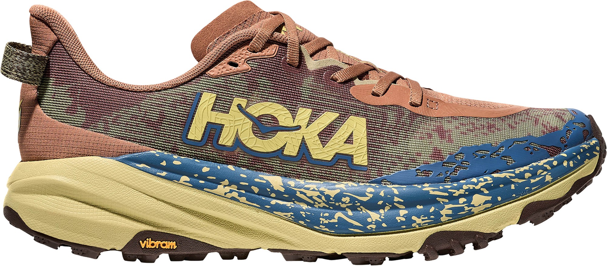 Men's Hoka Speedgoat 6 shoes in maple and cardamom colors, featuring a synthetic/textile upper, vibrant blue and yellow sole, and a textured design for traction.