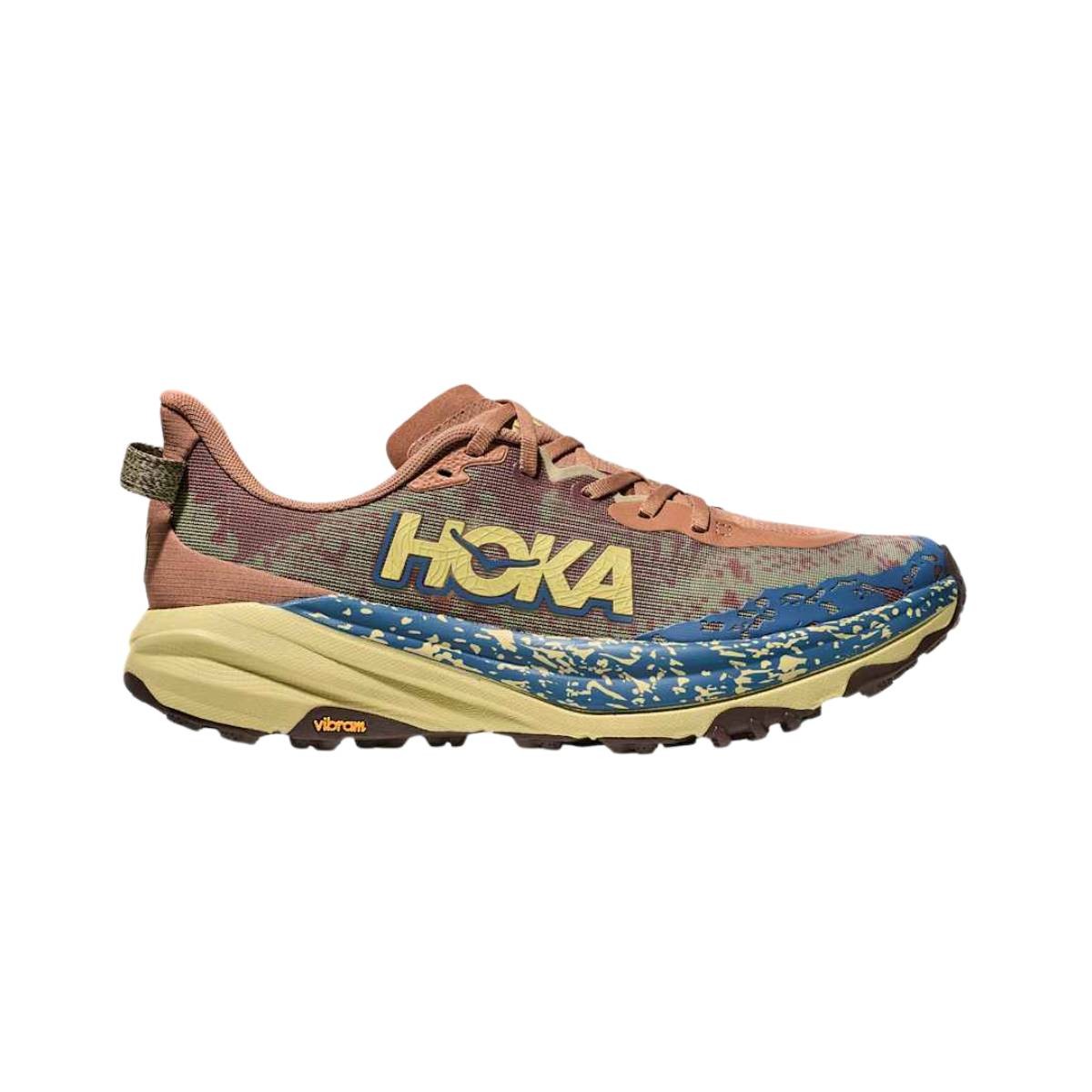 HOKA Men's Speedgoat 6 Trail Shoes feature a Maple and Cardamom colorway with a breathable mesh upper, cushioned midsole, and rugged Vibram outsole for traction.