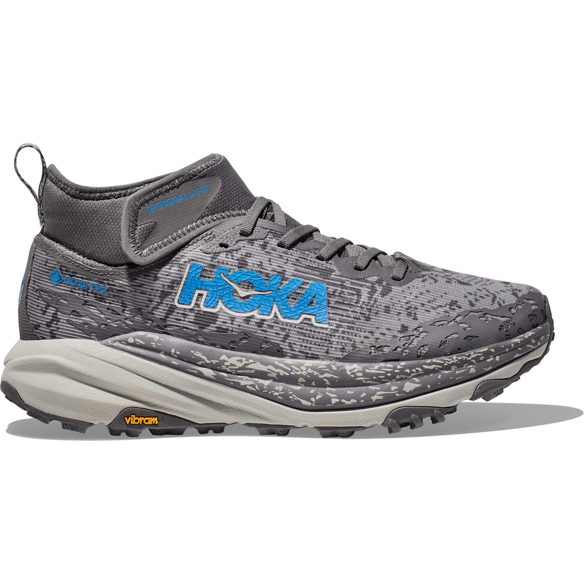 HOKA Men's Speedgoat 6 Mid GTX Shoes in Satellite Grey with blue logo, featuring a textured upper, cushioned midsole, and Vibram outsole, size 9.5.