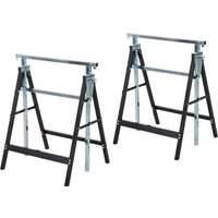 Black steel folding sawhorses with adjustable telescopic legs and sturdy frame, set of two for carpentry and DIY tasks.