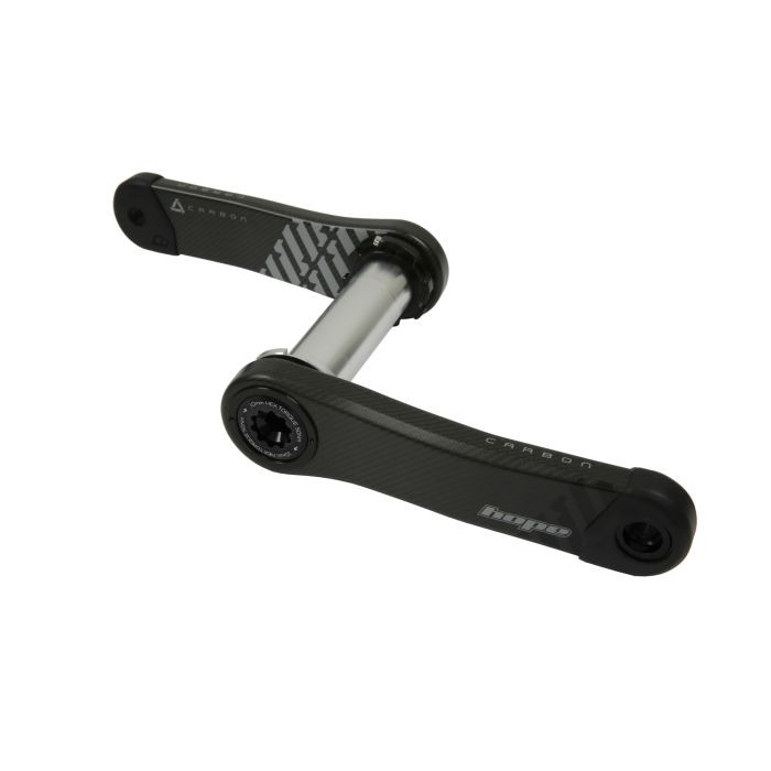 Black carbon crankset with a 170mm arm length, featuring a sleek design and silver spindle, marked with the Hope logo and a geometric pattern on the crank arms.
