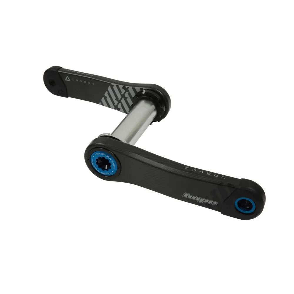 Hope Carbon Crankset in blue and black, featuring a lightweight carbon fiber construction, 155mm crank arm length, and a 68/73mm bottom bracket compatibility.