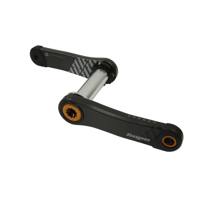 Hope Carbon Crankset featuring a sleek carbon fiber design, orange accents, 155mm length, and compatibility for 68/73mm bottom brackets.