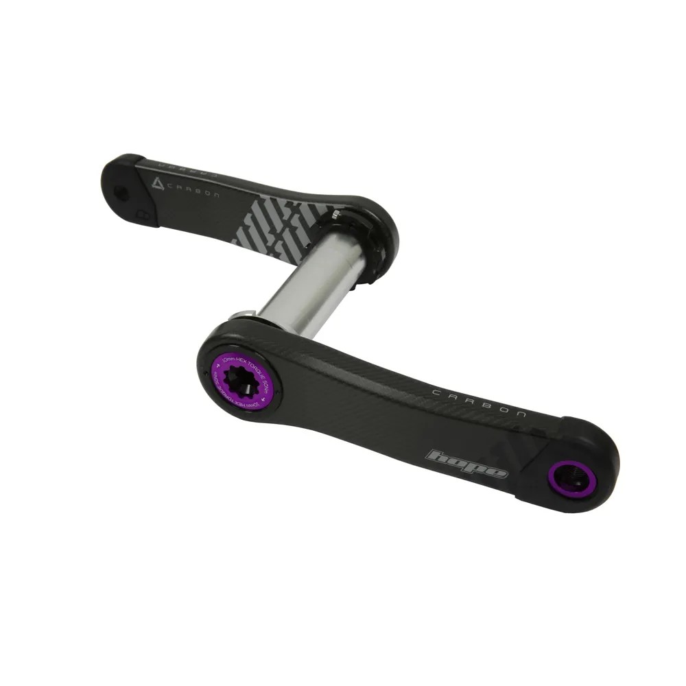 Hope Carbon Crankset features a sleek black and purple design, made of lightweight carbon material, with a 155mm arm length and 68/73mm compatibility.