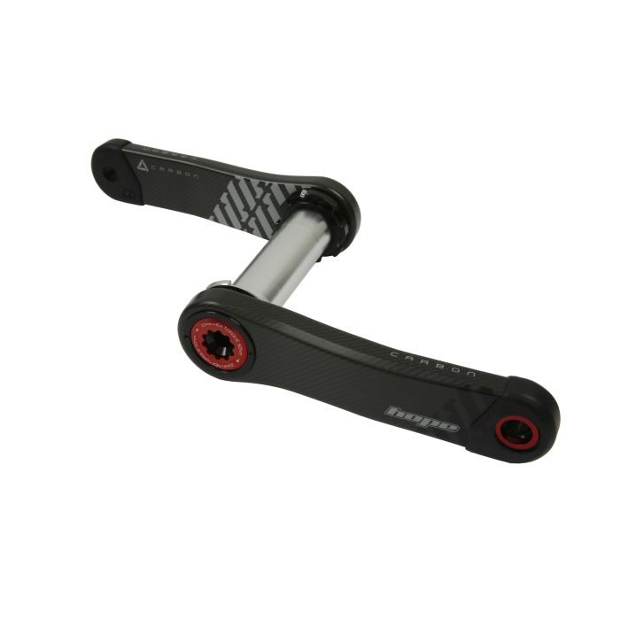 Hope Carbon Crankset in red and black, featuring a sleek carbon fiber design, 170mm crank arms, and a 68/73mm bottom bracket compatibility.