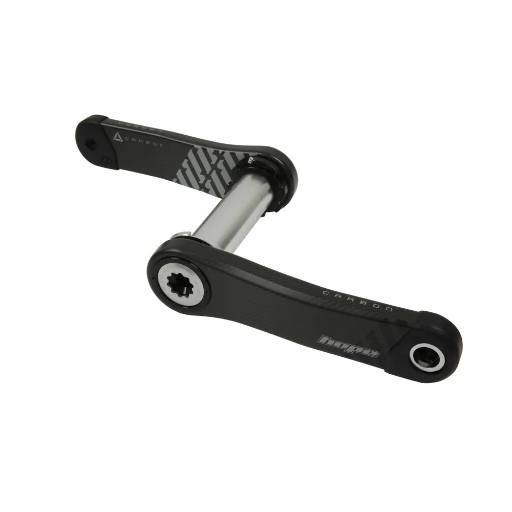 Hope Carbon Crankset features a sleek silver finish with carbon fiber arms, 165mm length, and a 68/73mm bottom bracket compatibility.