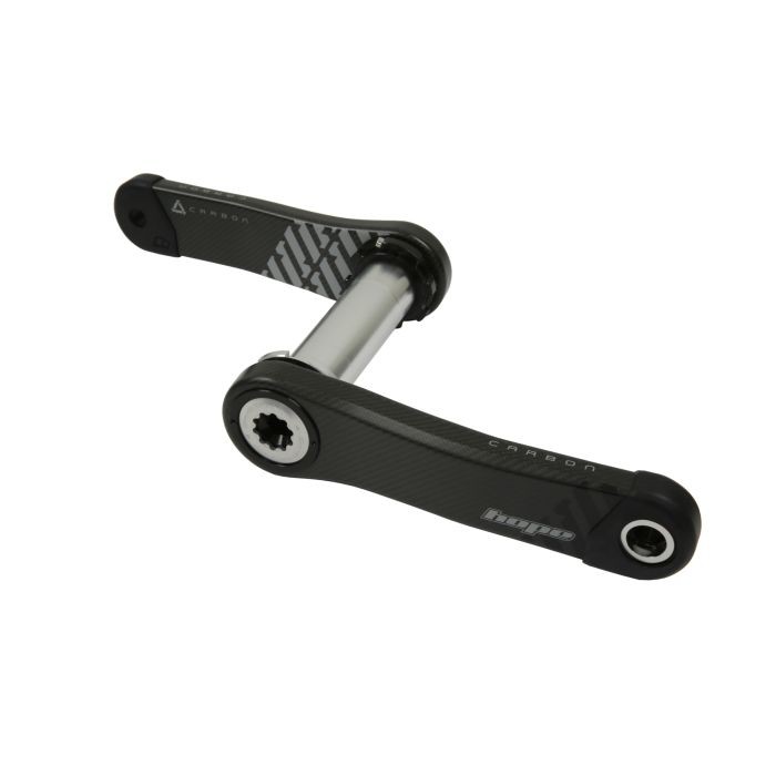 Silver carbon crankset with a sleek design, featuring a 170mm length, 68/73mm compatibility, and a distinctive textured pattern on the arms.