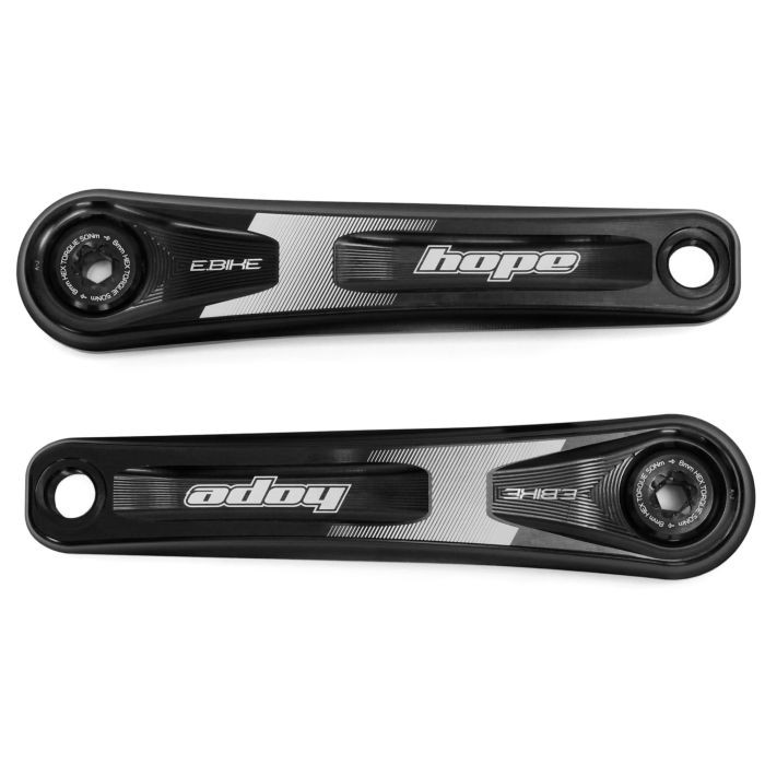 Black Hope E-Bike crankset with a 155mm length, featuring a sleek design, silver accents, and the "hope" logo prominently displayed on both arms.