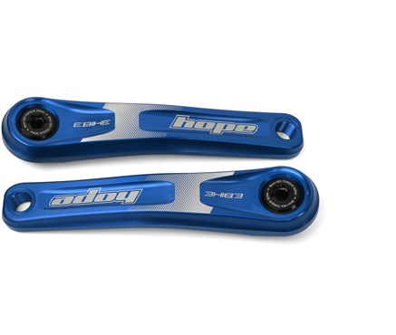 Blue aluminum crankset featuring "Hope" branding, with a sleek design and 155mm length, designed for E-bikes, showcasing a textured grip area.
