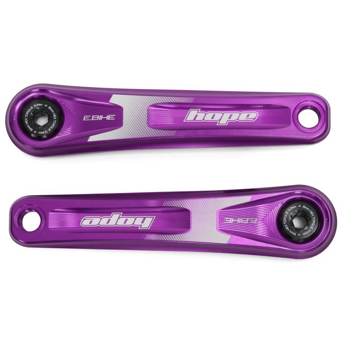 Purple aluminum crankset with a sleek design, featuring the "hope" logo and a narrow profile, measuring 155mm, ideal for e-bikes.
