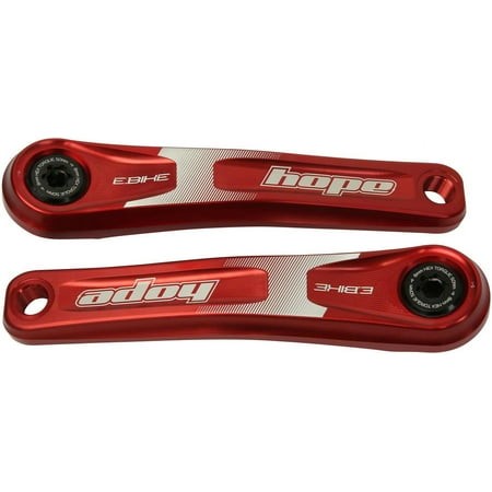 Red aluminum crankset for e-bikes, featuring a sleek design with "hope" branding and a silver stripe, measuring 155mm in length.