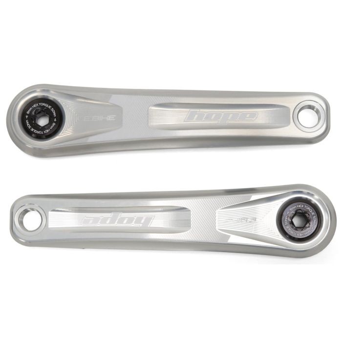 Silver aluminum crankset with a sleek design, featuring the "Hope" logo, 155mm length, and a narrow profile, ideal for e-bikes.