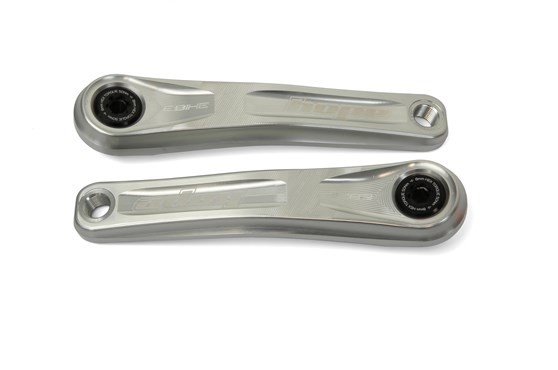Silver aluminum crankset with a brushed finish, featuring the "Hope" logo, designed for e-bikes, measuring 155mm in length, includes integrated bearings.