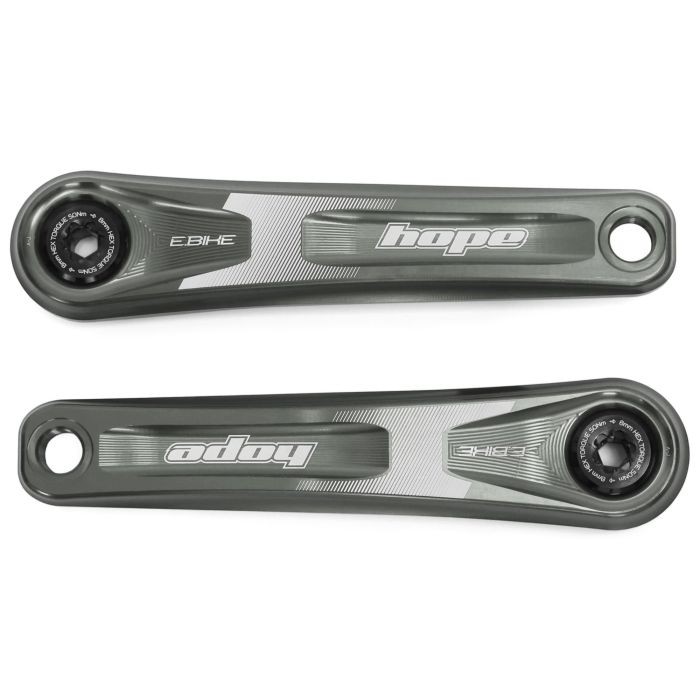 Hope E-Bike crankset in smoke grey, featuring a sleek design with a brushed finish, prominent Hope branding, and integrated bearings for enhanced performance.