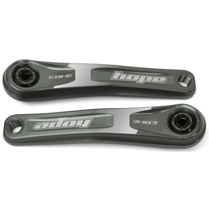 Hope E-Bike Crankset in smoke grey, featuring a sleek design, 165mm length, and prominent "hope" branding with a textured finish for enhanced grip.
