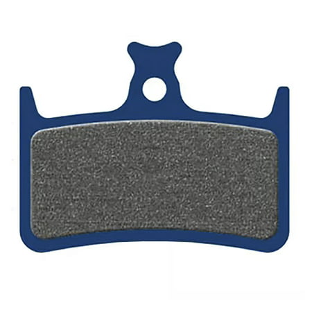 Blue organic compound brake pad with a textured gray surface, designed to fit Hope E4, RX4+, RX4-SH, and Mono M4 disc brake systems, featuring a distinctive shape and mounting hole.