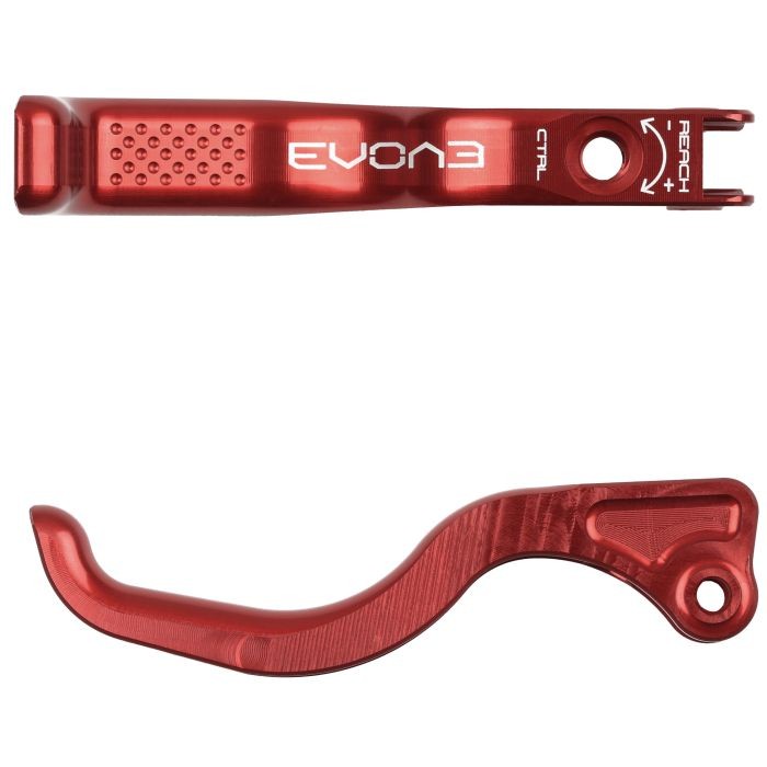 Red aluminum Hope EVO Control Lever Blade featuring a textured grip area, adjustable reach markings, and a sleek, ergonomic design.