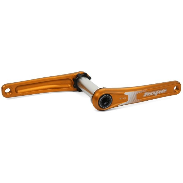 Hope EVO crankset in vibrant orange with a spiderless design, featuring a sleek aluminum construction and a 135mm width, suitable for 68/73mm bottom brackets.
